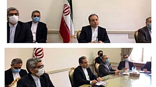 This combined photo from Iran's Foreign Ministry shows Iranian diplomats on a virtual talk on nuclear deal with representatives of world powers, in Tehran, April 2, 2021
