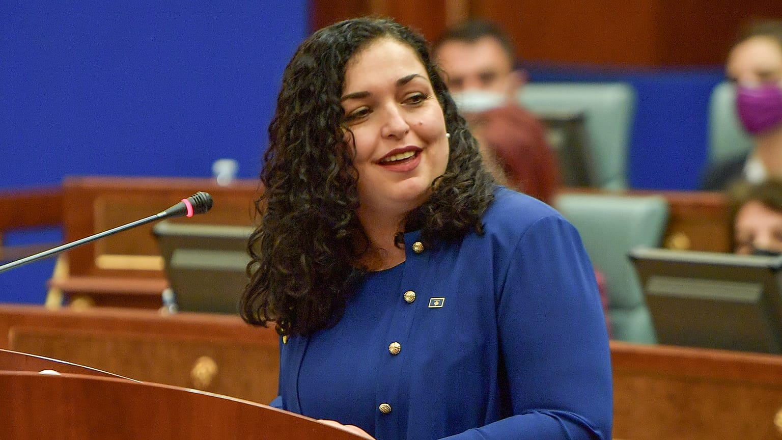 Kosovo newly elected president Vjosa Osmani Sadriu smiles after being elected in capital Pristina, Kosovo on Sunday, April 4, 2021. 