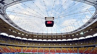 A magyar válogatott tagjai edzenek a Románia-Magyarország Európa-bajnoki selejtező mérkőzés előtt a bukaresti Nemzeti Stadionban 2014. október 10-én
