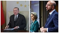 Recep Tayyip Erdogan a baloldali fotón, Ursula von der Leyen és Charles Michel a jobboldalin