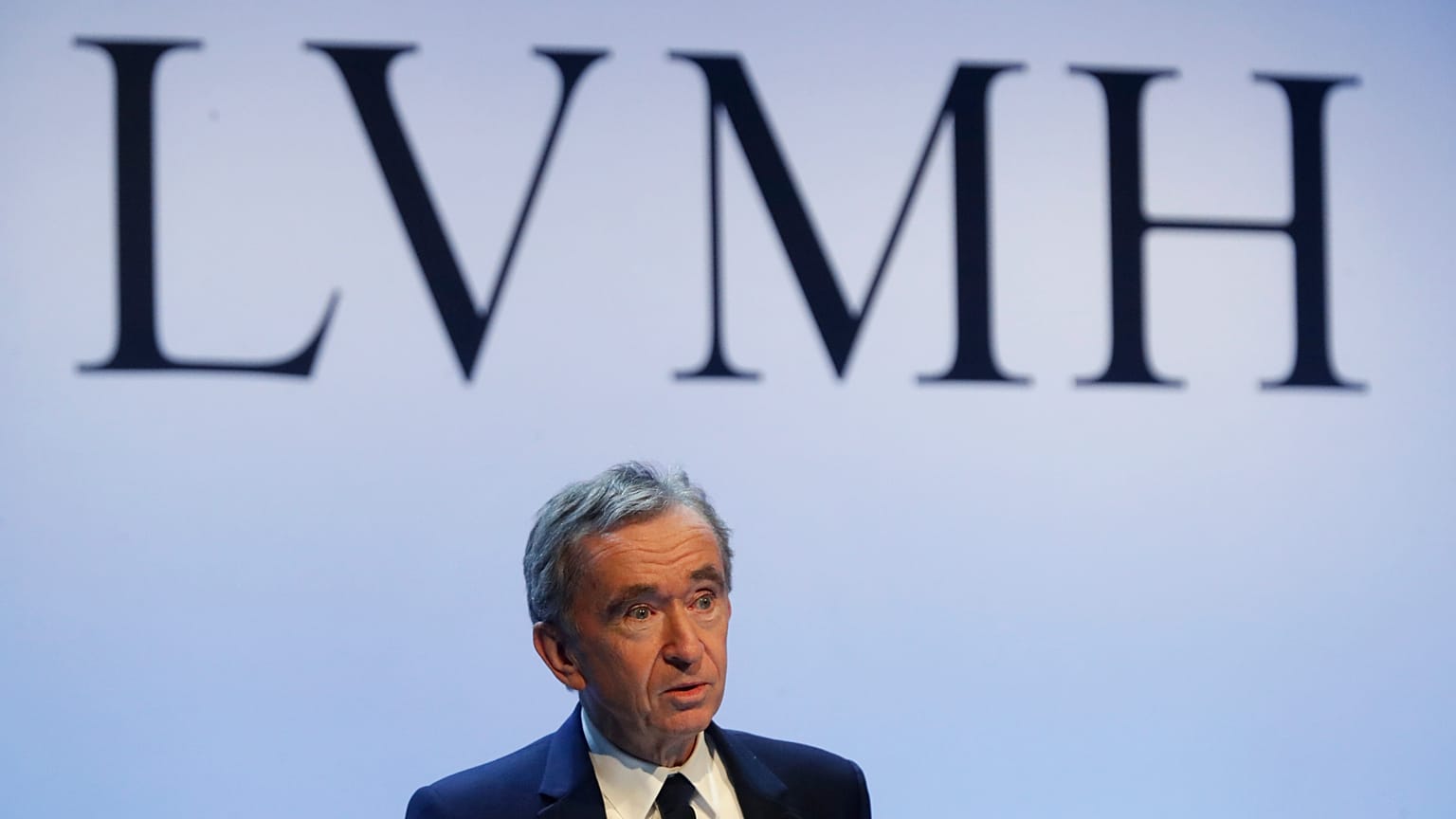  CEO of LVMH Bernard Arnault presents the group's 2019 results during a press conference, in Paris.