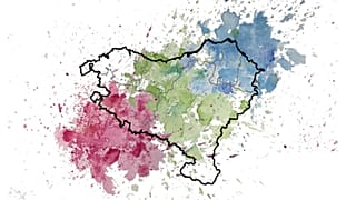 Colour representation of the genetic mix and structure in the Basque region; green symbolizes the Basques, while blue and red show mixing with adjacent populations.