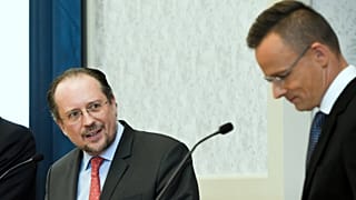 Alexander Schallenberg osztrák és Szijjártó Péter magyar külügyminiszter 2020. július 14-��n egy budapesti sajtótjákoztatón