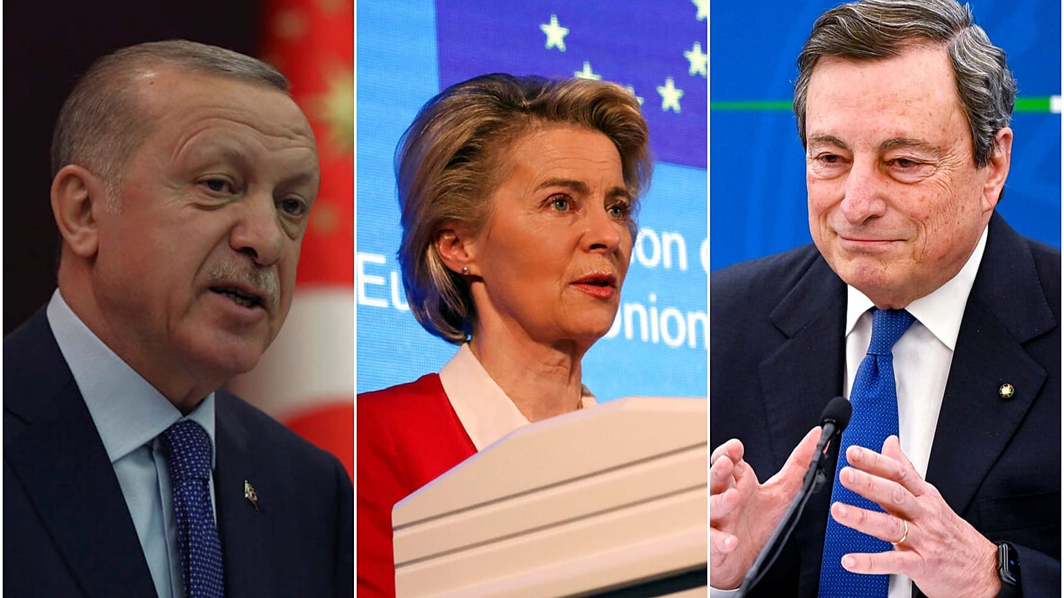 Türkiye Cumhurbaşkanı Recep Tayyip Erdoğan (solda) , AB Komisyonu Başkanı Ursula von der Leyen (ortada), İtalya Cumhurbaşkanı Mario Draghi (sağda)