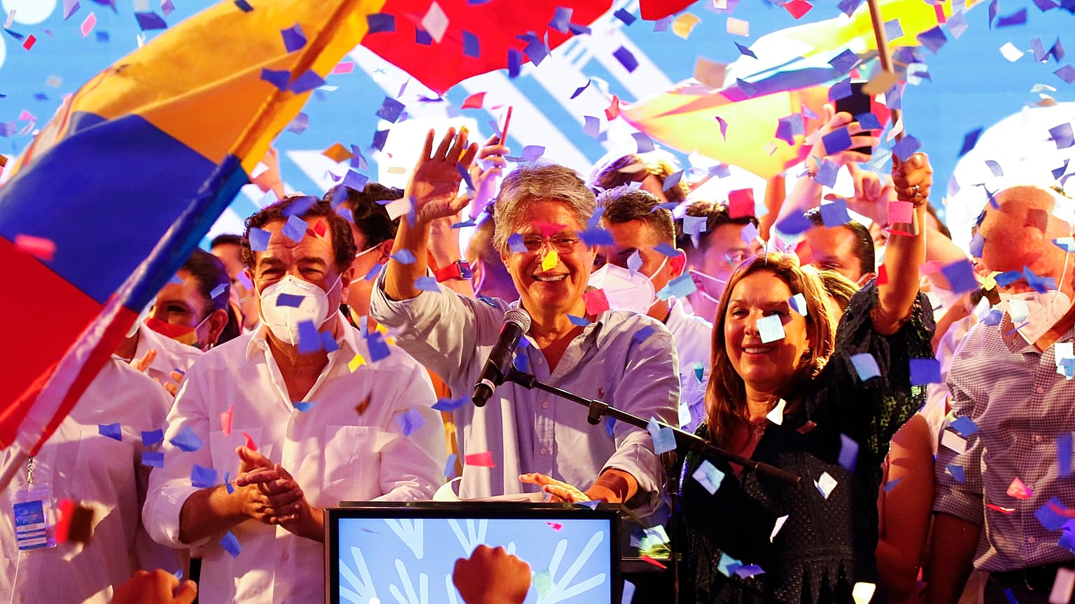 Guillermo Lasso, presidential candidate of Creating Opportunities party, celebrates after a presidential runoff election at his campaign headquarters in Guayaquil, Ecuador.
