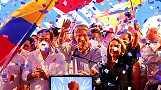 Guillermo Lasso, presidential candidate of Creating Opportunities party, celebrates after a presidential runoff election at his campaign headquarters in Guayaquil, Ecuador.