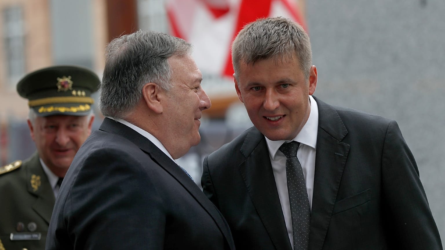 U.S. Secretary of State Mike Pompeo, front left, talks to Czech Republic's Foreign Minister Tomas Petricek