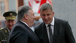 U.S. Secretary of State Mike Pompeo, front left, talks to Czech Republic's Foreign Minister Tomas Petricek