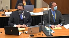 Defense attorney Eric Nelson (L) and defendant, former Minneapolis police officer Derek Chauvin (R) on April 14, 2021, at the Hennepin County Courthouse in Minneapolis.