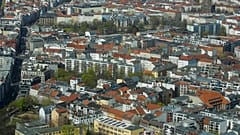Apartment buildings in the district Mitte photographed from the television tower in Berlin