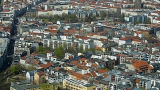 Apartment buildings in the district Mitte photographed from the television tower in Berlin