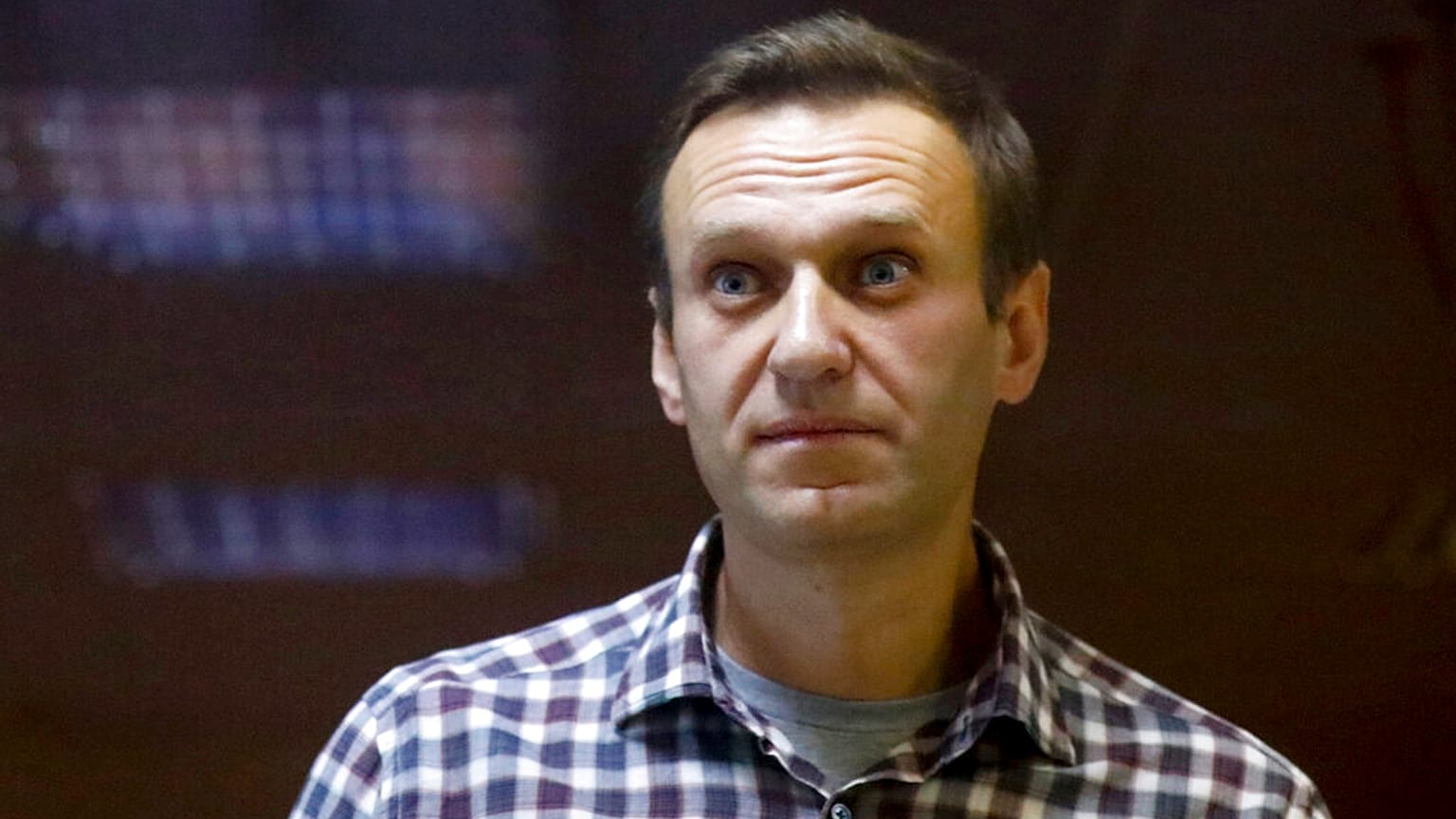 Russian opposition leader Alexei Navalny stands in a cage in the Babuskinsky District Court in Moscow, Russia in February 2021