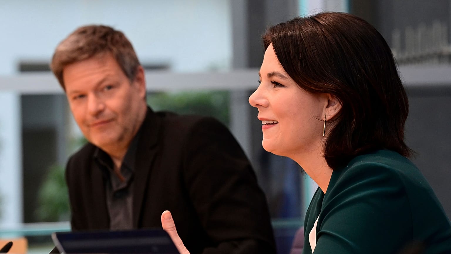 The leaders of Germany's Green party Annalena Baerbock, right, and Robert Habeck attend a press conference in Berlin, Germany on March 15, 2021.