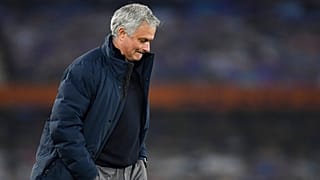 Tottenham's manager Jose Mourinho walks on the pitch at the end of the English Premier League soccer match between Everton and Tottenham Hotspur at Goodison Park in Liverpool.