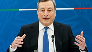 Italian Premier Mario Draghi addresses the media during a news conference, in Rome, April 16, 2021.
