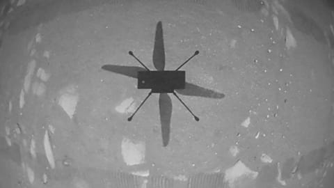 NASA’s Ingenuity Mars Helicopter as it hovered over the Martian surface on April 19, 2021.