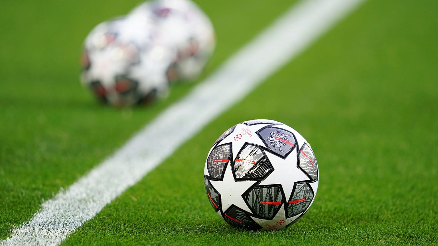 The Official UEFA Champions League match balls are on display ahead of the Champions League quarter final second leg soccer match between Liverpool and Real Madrid at Anfield 