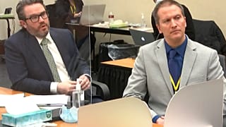 In this image from video, defense attorney Eric Nelson, left, and defendant, former Minneapolis police officer Derek Chauvin,