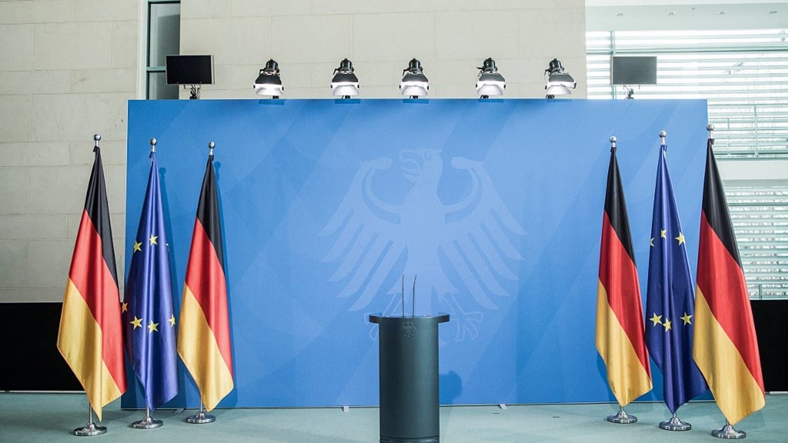 The lectern of German Chancellor Angela Merkel is pictured before a statement