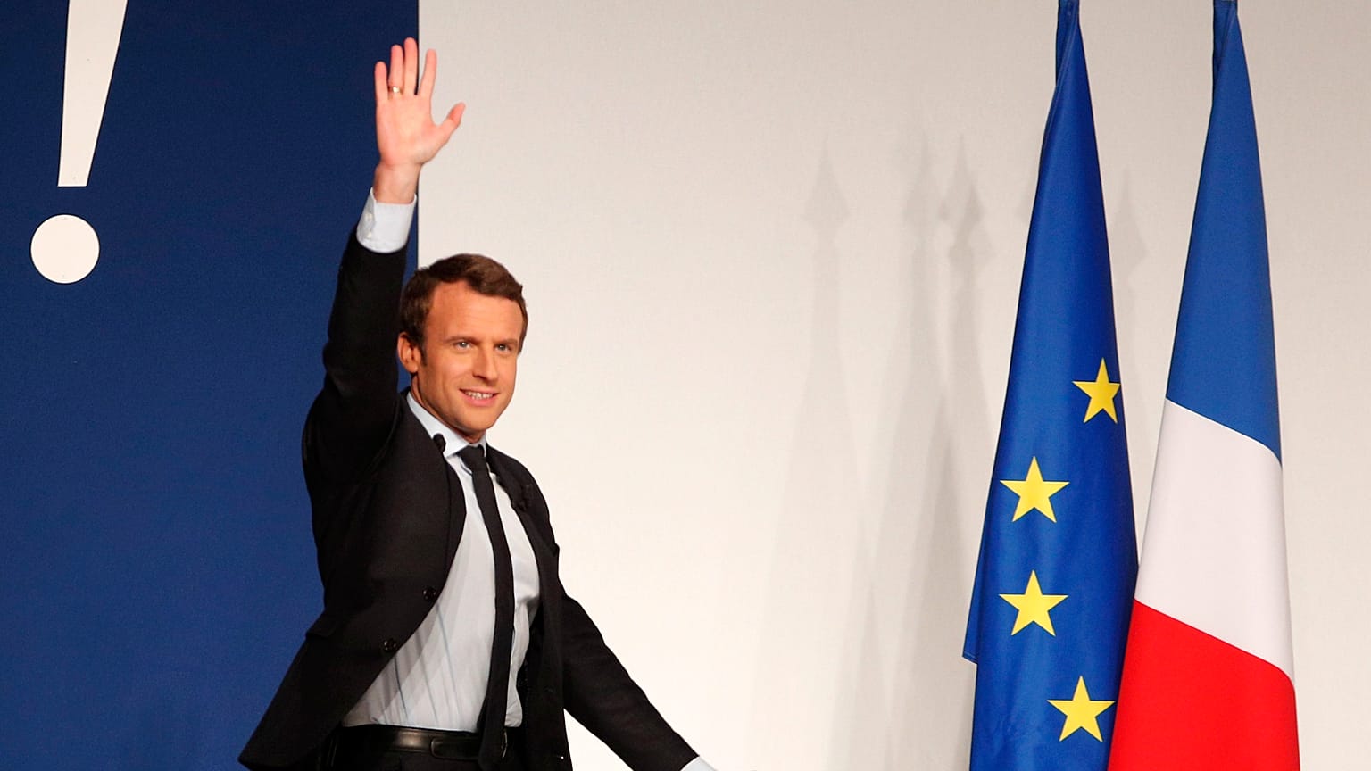 Then-presidential candidate Emmanuel Macron waves to the crowd during a campaign rally in Chatellerault, central France, Friday, April 28, 2017.
