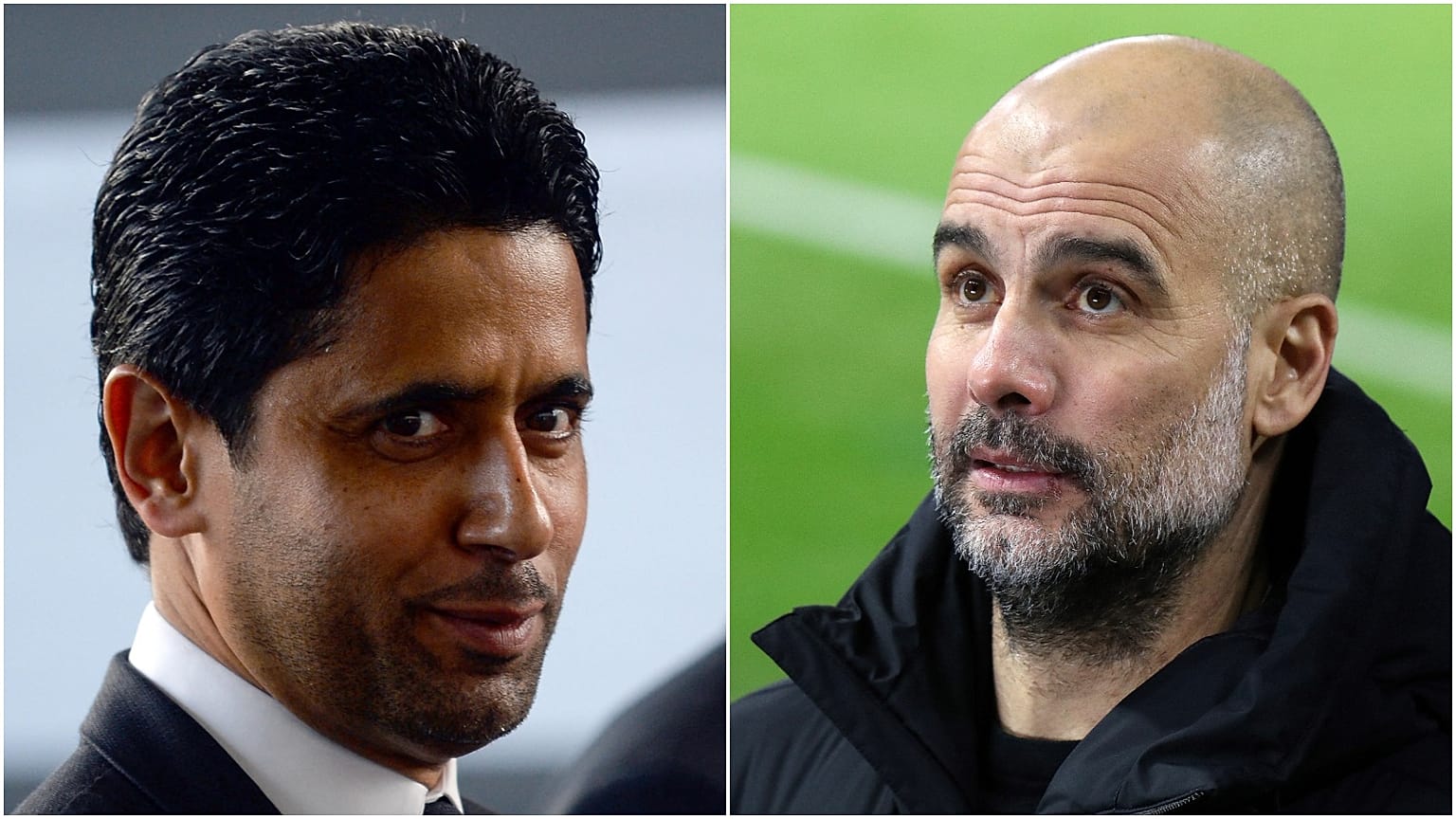 الاسباني بيب غوارديولا مدرب فريق مانشستر سيتي الإنجليزي والقطري ناصر الخليفي رئيس نادي باريس سان جيرمان الفرنسي 