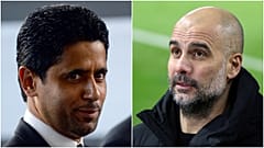 الاسباني بيب غوارديولا مدرب فريق مانشستر سيتي الإنجليزي والقطري ناصر الخليفي رئيس نادي باريس سان جيرمان الفرنسي 