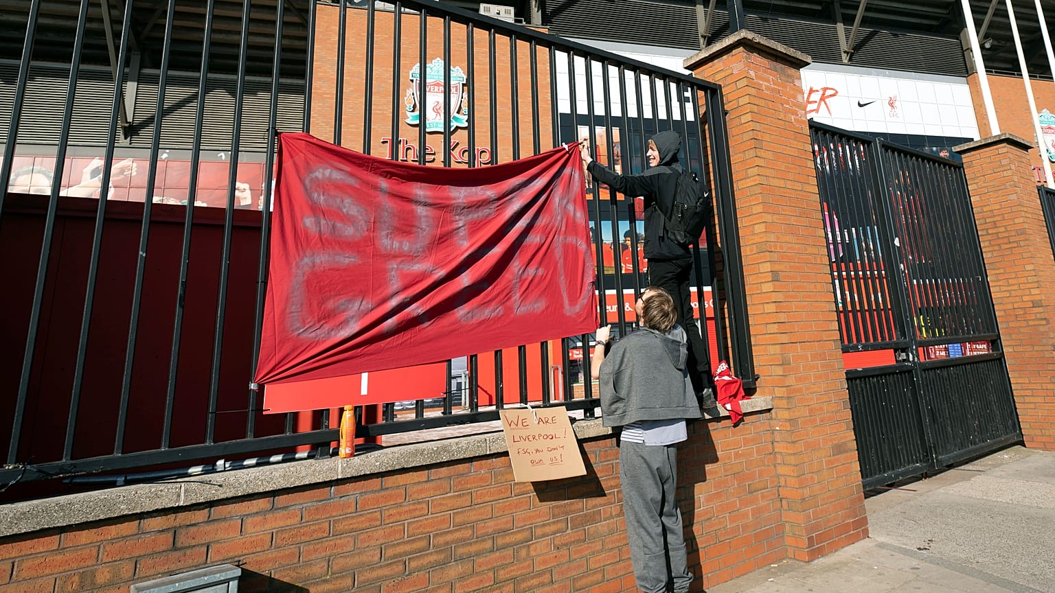 Fans protest against the formation of the Super League outside Liverpool's ground 