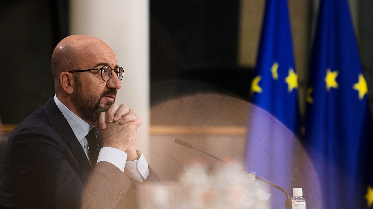 FILE: European Council President Charles Michel attends the leaders summit on climate via video conference, in Brussels on April 22, 2021.