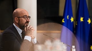 FILE: European Council President Charles Michel attends the leaders summit on climate via video conference, in Brussels on April 22, 2021.