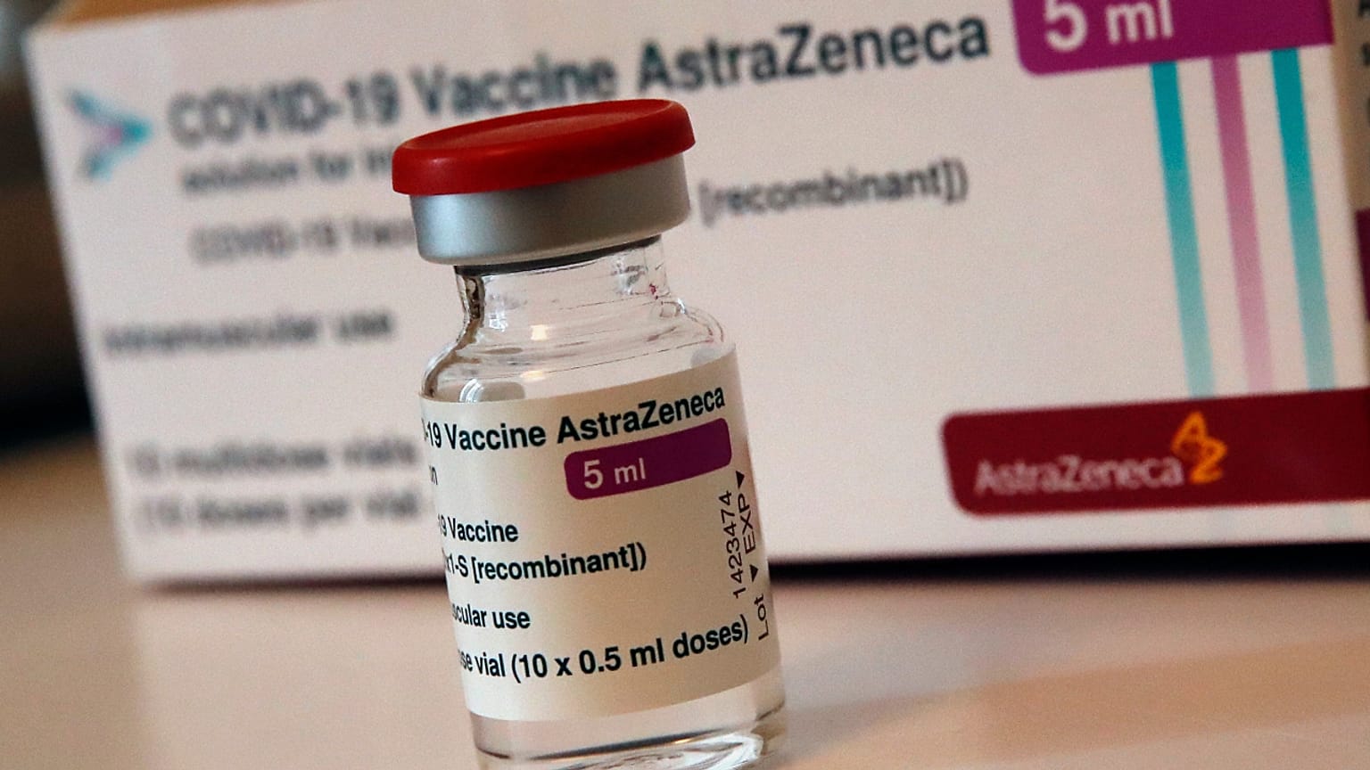 A vial of AstraZeneca vaccine is pictured in a pharmacy in Boulogne Billancourt, outside Paris, Monday, March 15, 2021. 