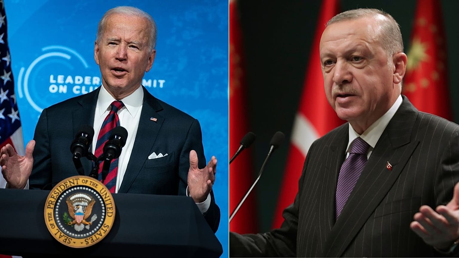 À gauche, Joe Biden à Washington le 22 avril 2021 lors du sommet sur le climat ; à droite,  Recep Tayyip Erdogan à Ankara après une réunion ministérielle le 14 décembre 2020