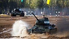 Soviet tanks T-34 perform during the International Military Technical Forum Army-2020 in Alabino, outside Moscow, Russia, Sunday, Aug. 23, 2020.