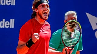Stefanos Tsitsipas of Greece celebrates his victory over Jannik Sinner of Italy during a semi final Godo tennis tournament in Barcelona