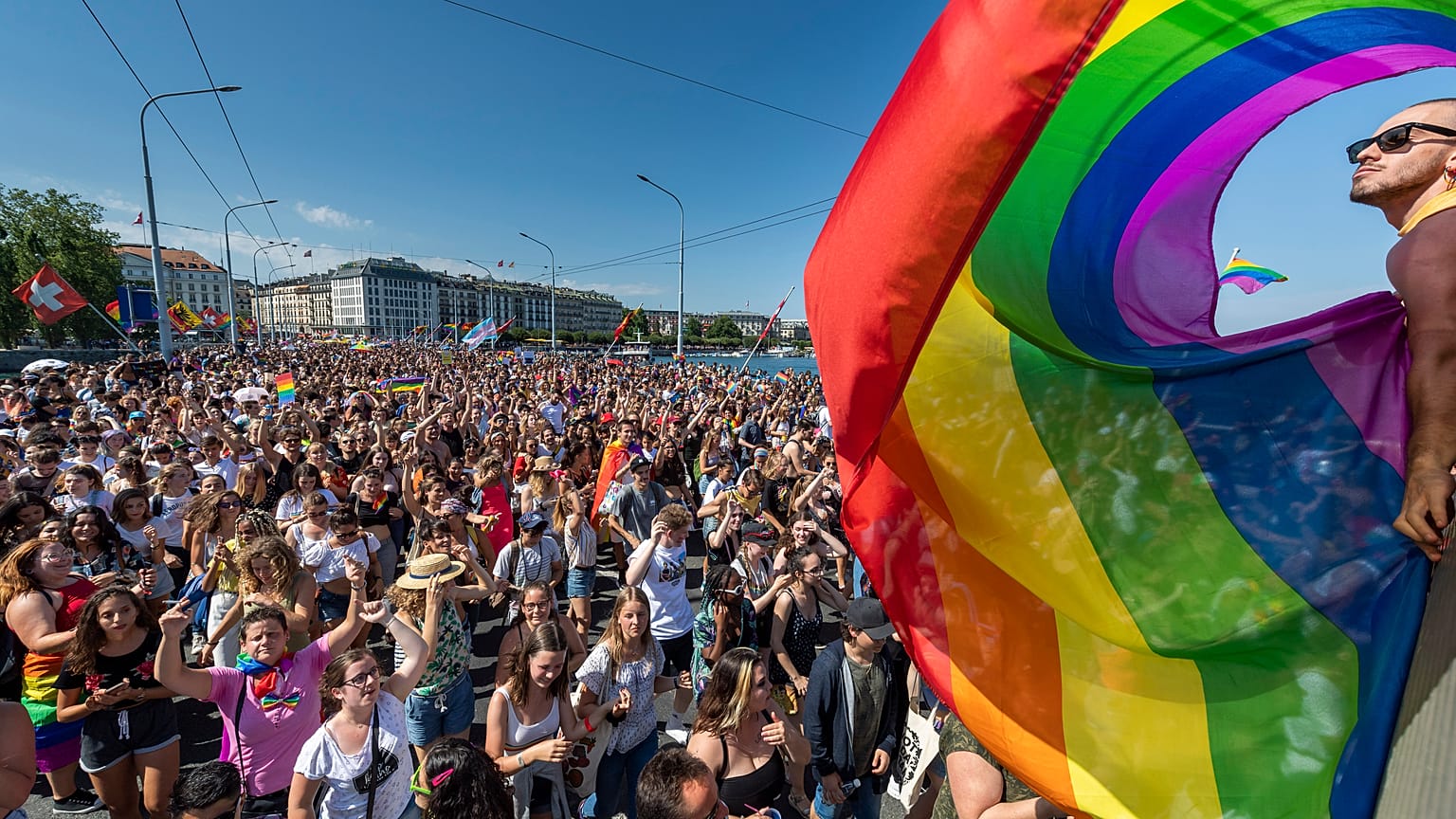 Swiss citizens participate in a pride march in Geneva in July 2019.