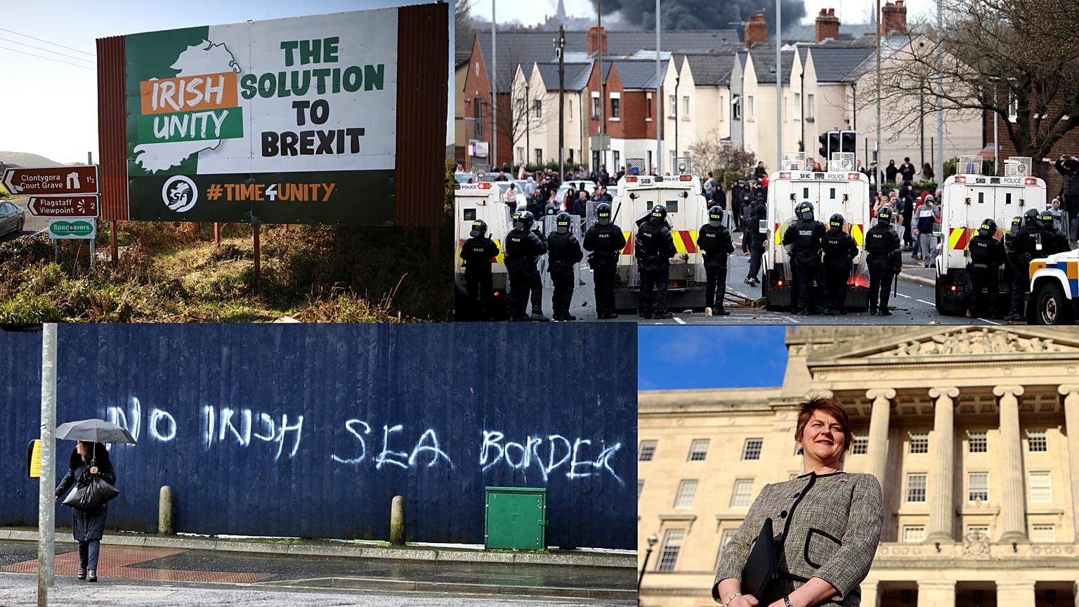 From top left, clockwise: Motorists pass a sign promoting a united Ireland; police control rioters in Belfast; former DUP leader Arlene Foster; anti-protocol graffiti.