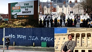From top left, clockwise: Motorists pass a sign promoting a united Ireland; police control rioters in Belfast; former DUP leader Arlene Foster; anti-protocol graffiti.
