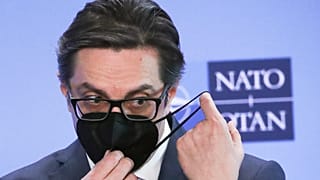 President of North Macedonia Stevo Pendarovski speaks during a media conference at NATO headquarters in Brussels, Wednesday, April 28, 2021. 