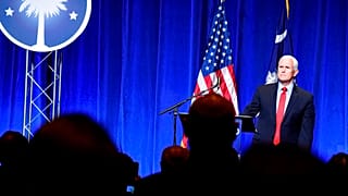 Former Vice President Mike Pence wraps up his first speech since leaving office at a dinner hosted by Palmetto Family