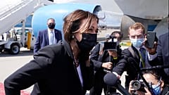 Vice President Kamala Harris speaks to the media on India, prior to boarding Air Force Two, Friday, April 30, 2021.