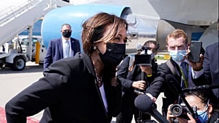 Vice President Kamala Harris speaks to the media on India, prior to boarding Air Force Two, Friday, April 30, 2021.