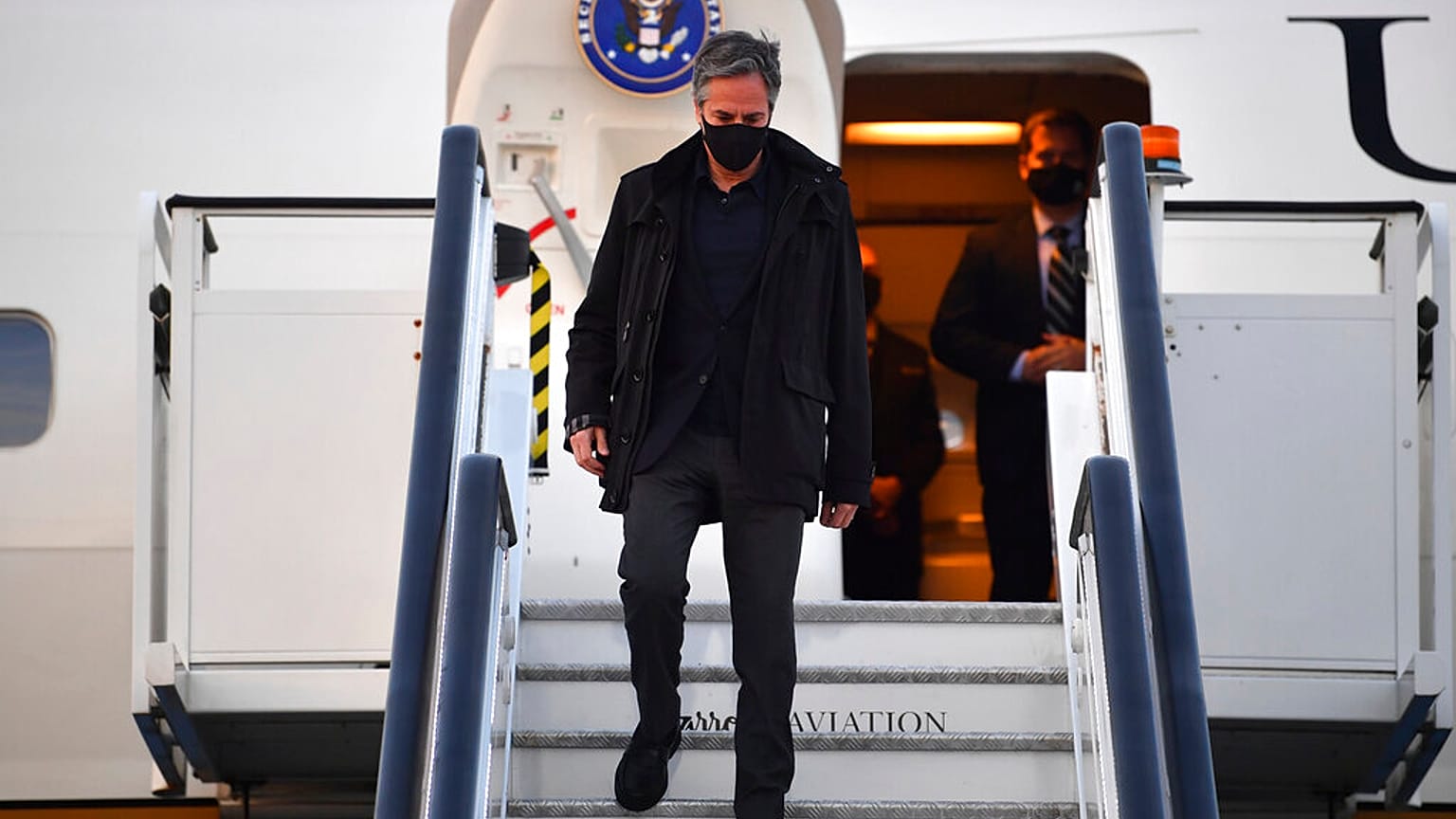 US Secretary of State Antony Blinken disembarks after landing at Stansted Airport on Sunday May 2, 2021, ahead of the upcoming G7 foreign ministers meeting.