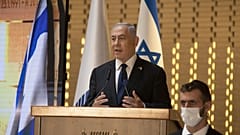 In this Wednesday, April 14, 2021 file photo, Israeli Prime Minister Benjamin Netanyahu speaks at a Memorial Day ceremony at the military cemetery at Mount Herzl, Jerusalem.