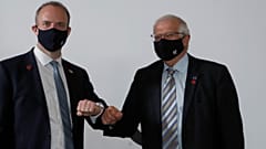 High Representative of the EU for Foreign Affairs Josep Borrell, right, and Dominic Raab, UK Foreign Affairs Secretary, meet ahead of talks during G7 in London on 5 May, 2021.