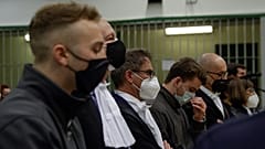 Finnegan Elder, left, and Gabriel Natale-Hjorth, fourth from left, hear the verdict in their murder trial