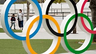 A display of the Olympic rings at the Japan Olympic Museum in Tokyo.