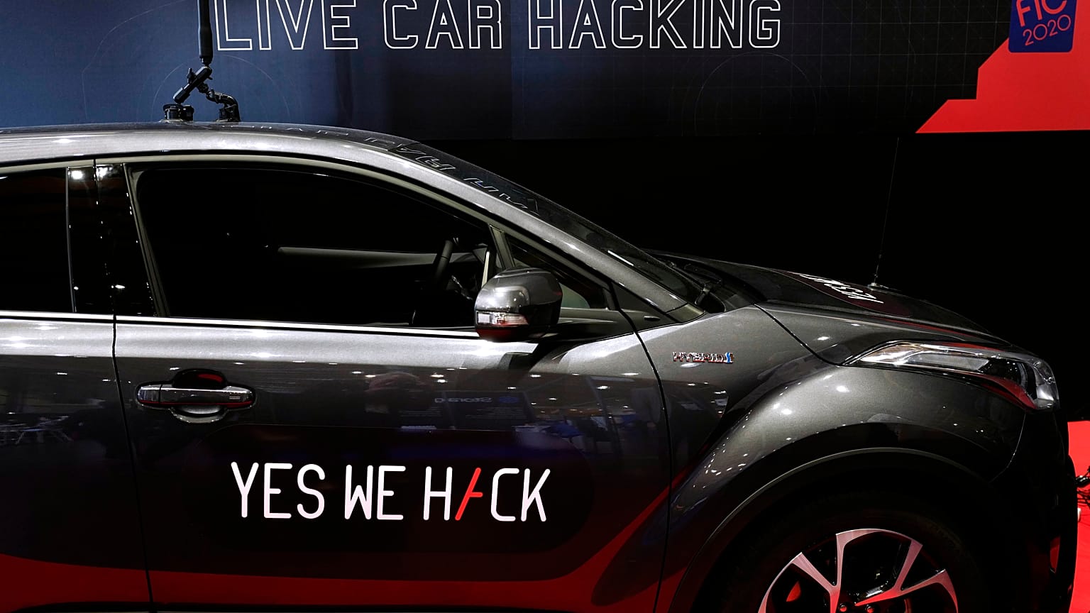 A Toyota Hybrid during a test for hackers at the Cybersecurity Conference in Lille, northern France, Wednesday Jan. 29, 2020