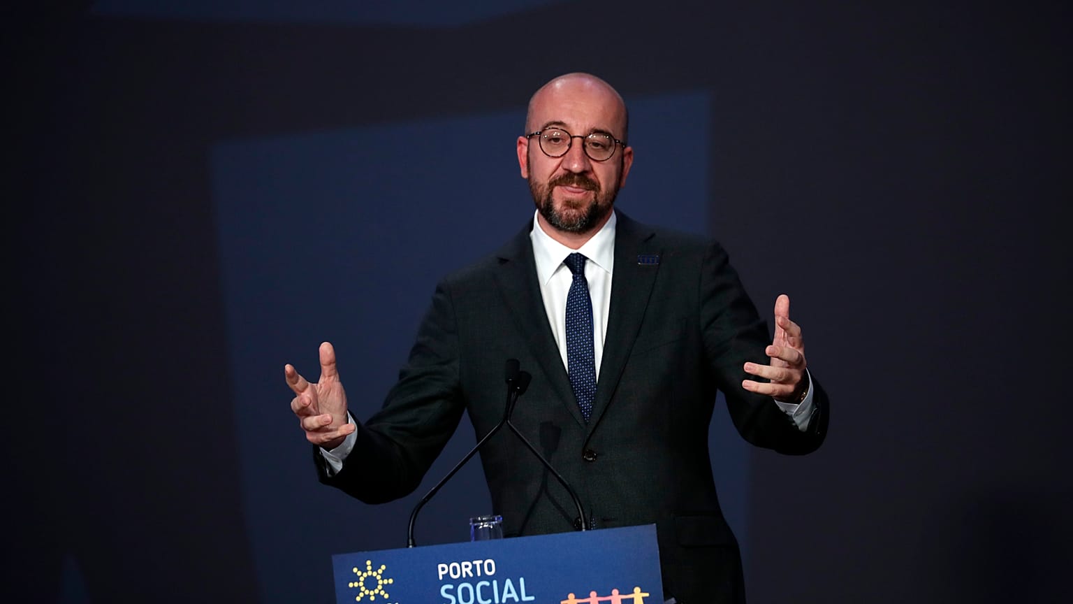 European Council President Charles Michel speaks during the closing ceremony of the EU summit at the Alfandega do Porto Congress Center in Porto, Portugal, Friday, May 7, 2021