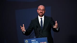 European Council President Charles Michel speaks during the closing ceremony of the EU summit at the Alfandega do Porto Congress Center in Porto, Portugal, Friday, May 7, 2021