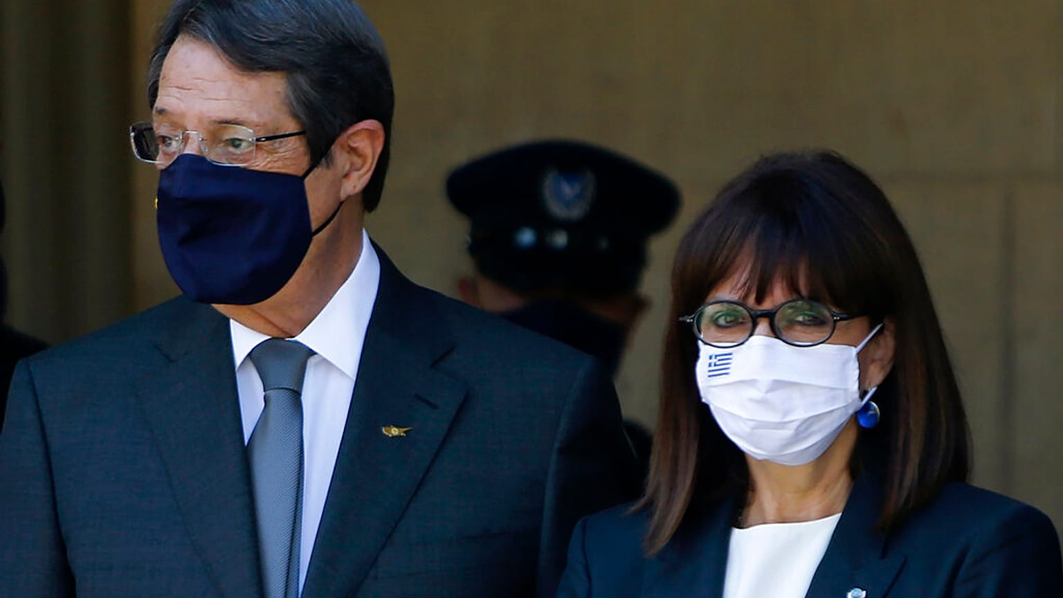Cyprus' President Nicos Anastasiades, left, and Greece's President Katerina Sakellaropoulou