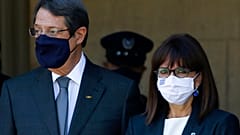 Cyprus' President Nicos Anastasiades, left, and Greece's President Katerina Sakellaropoulou